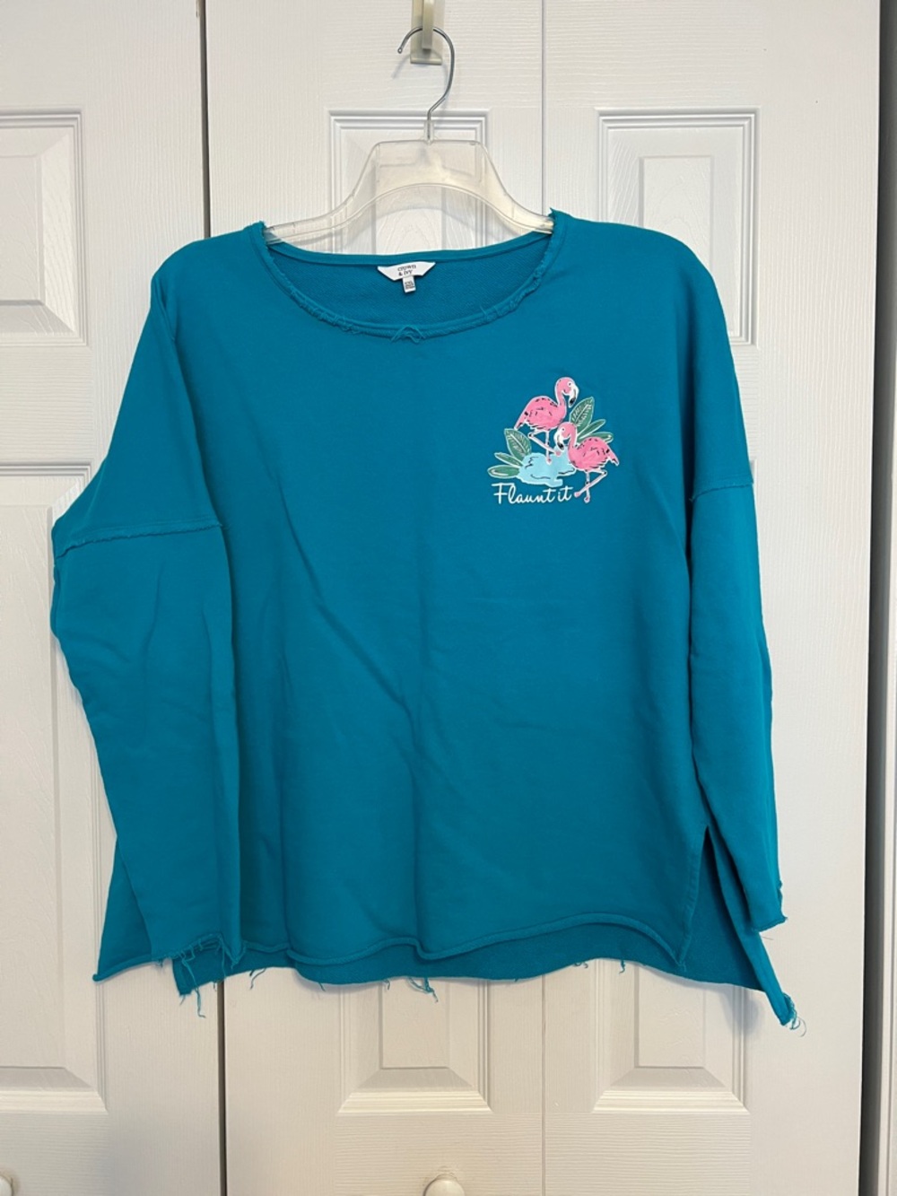 crown & ivy Teal Sweatshirt with Pink Flamingo Patch